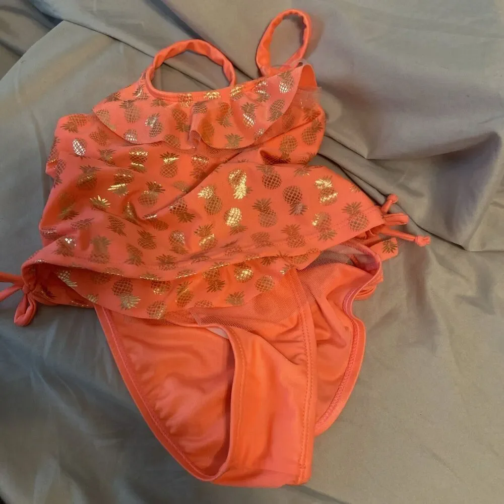 Real Love Coral 2-Piece‎ Girls Size 4T Swimsuit W/Metallic Gold Pineapple Design